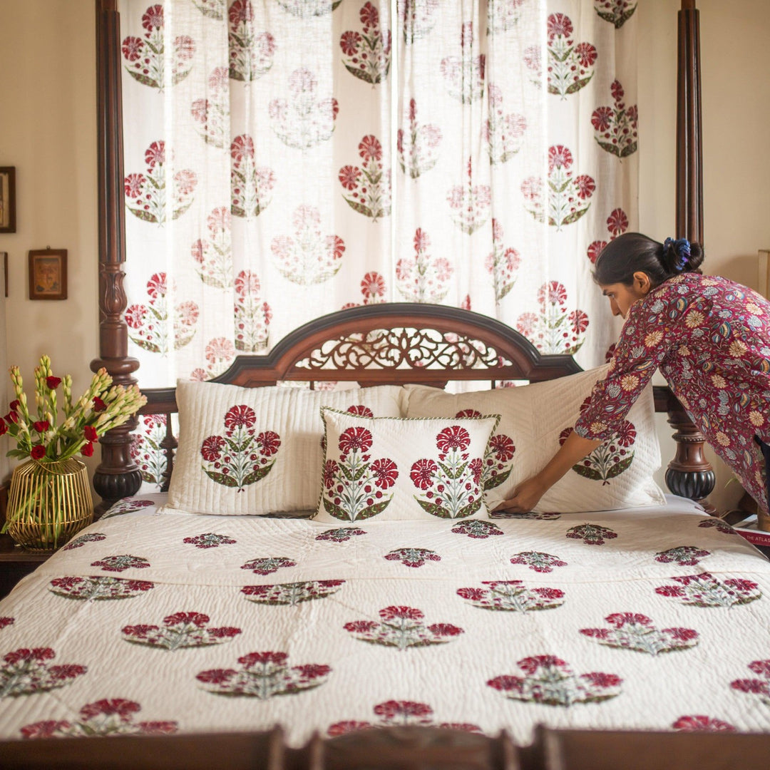 Aafreen Red Poppy Blockprint Handstitch Pique Double Bed Quilt Set-Quilt sets-House of Ekam