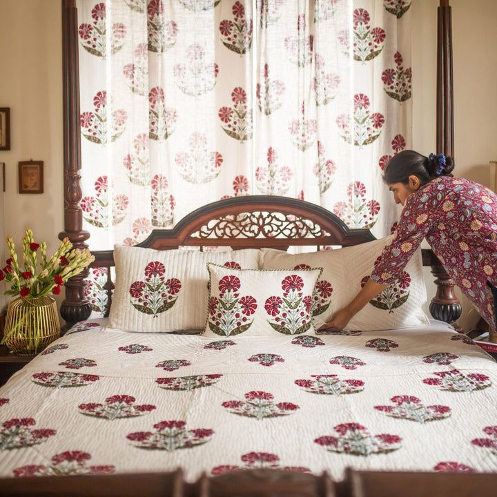 Aafreen Red Poppy Blockprint Handstitch Pique Double Bed Quilt Set-Quilt sets-House of Ekam