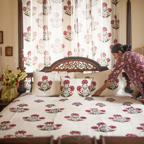Aafreen Red Poppy Blockprint Handstitch Pique Double Bed Quilt Set-Quilt sets-House of Ekam