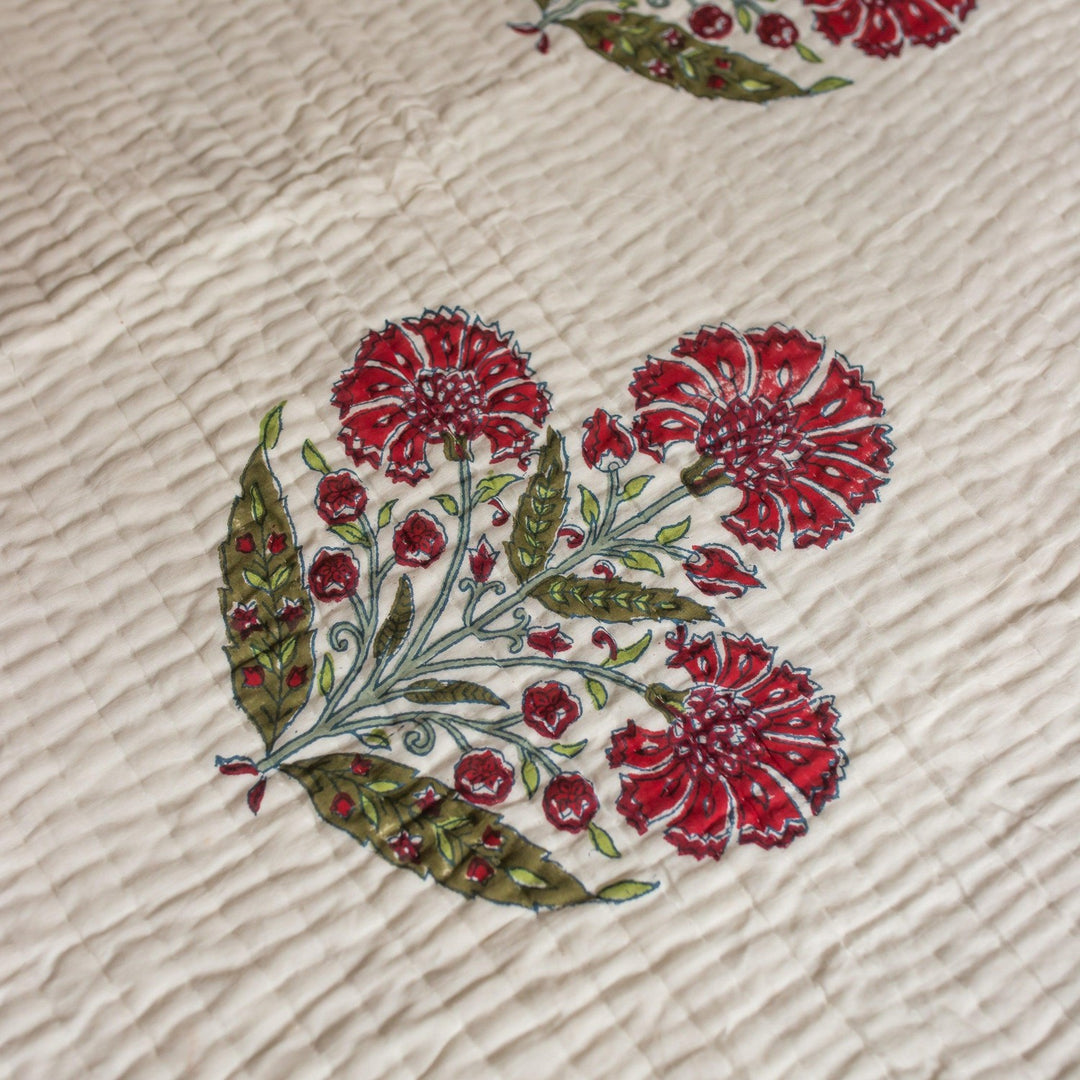 Aafreen Red Poppy Blockprint Handstitch Pique Double Bed Quilt Set-Quilt sets-House of Ekam