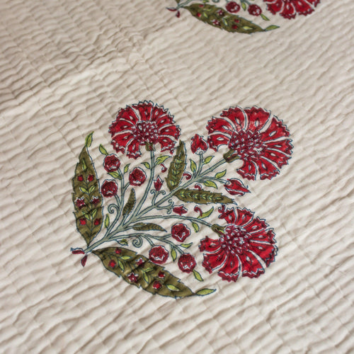 Aafreen Red Poppy Blockprint Handstitch Pique Double Bed Quilt Set-Quilt sets-House of Ekam