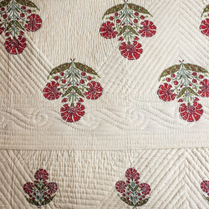 Aafreen Red Poppy Blockprint Handstitch Pique Double Bed Quilt Set-Quilt sets-House of Ekam