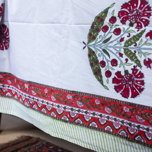 Aafreen Red Poppy Blockprint Handstitch Pique Double Bed Quilt Set-Quilt sets-House of Ekam