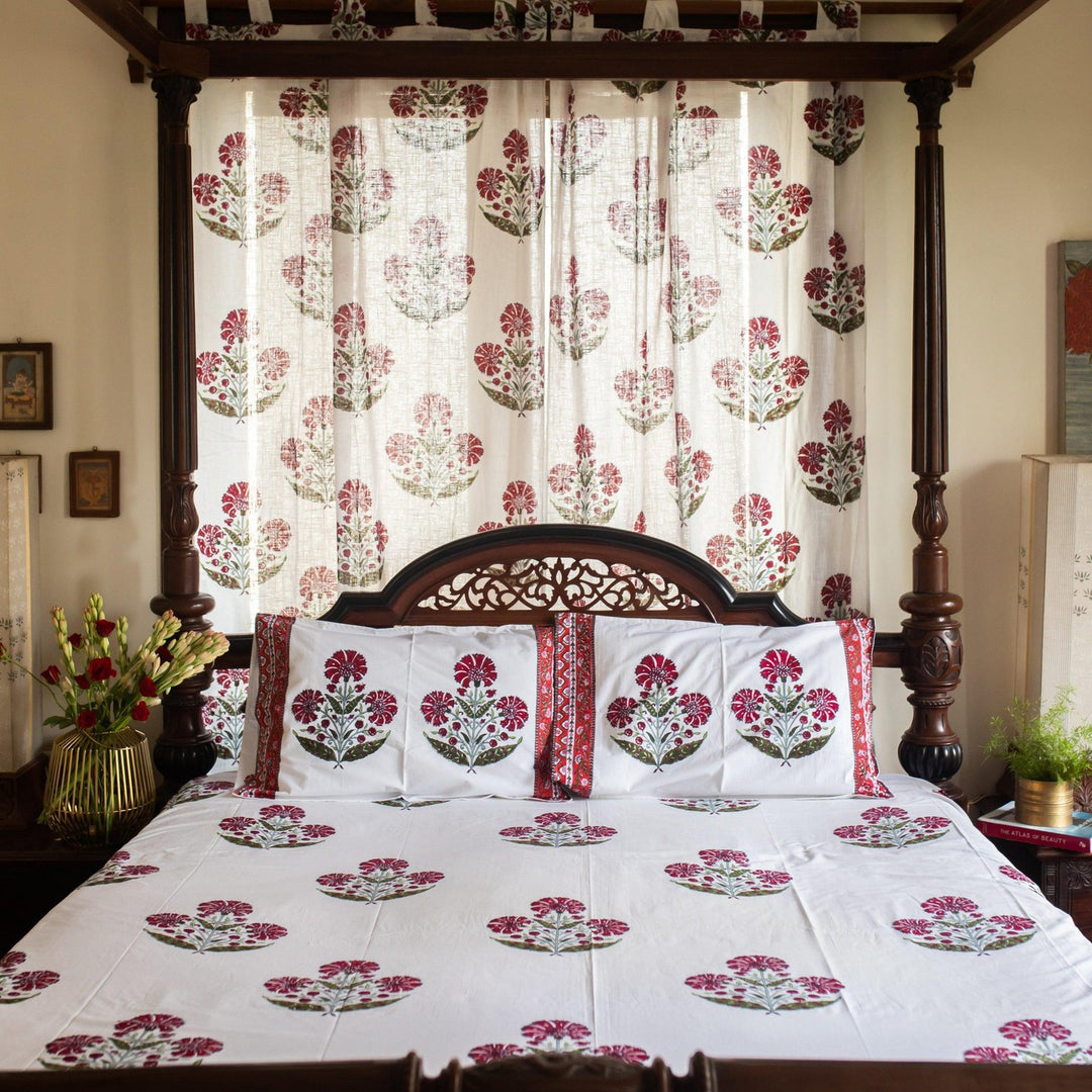Aafreen Red Poppy Blockprint Handstitch Pique Double Bed Quilt Set-Quilt sets-House of Ekam