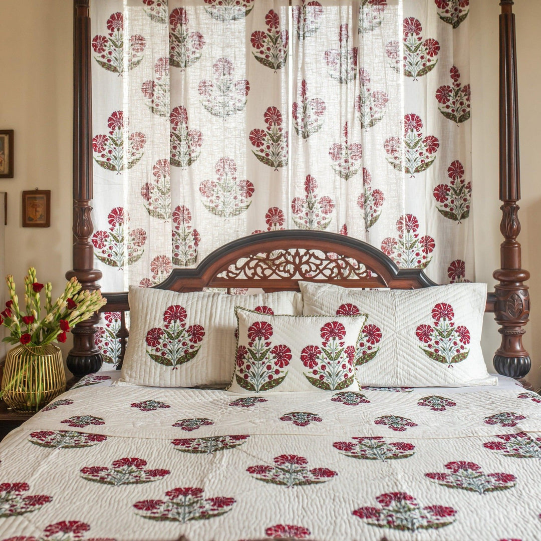 Aafreen Red Poppy Blockprint Handstitch Pique Double Bed Quilt Set-Quilt sets-House of Ekam