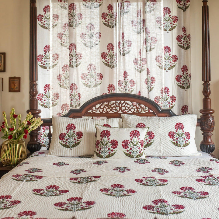 Aafreen Red Poppy Blockprint Handstitch Pique Double Bed Quilt Set-Quilt sets-House of Ekam