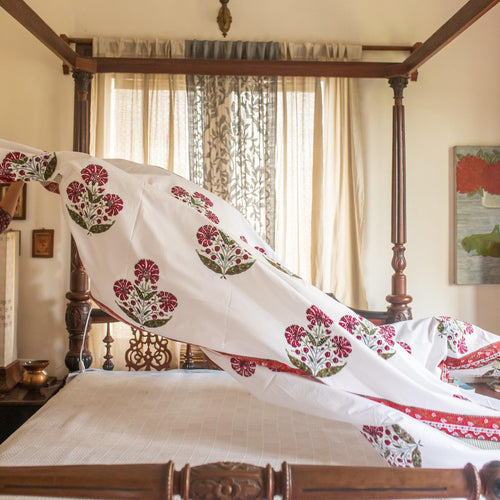 Aafreen Red Poppy Blockprint Handstitch Pique Double Bed Quilt Set-Quilt sets-House of Ekam