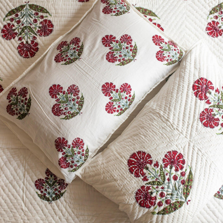 Aafreen Red Poppy Blockprint Handstitch Pique Double Bed Quilt Set-Quilt sets-House of Ekam