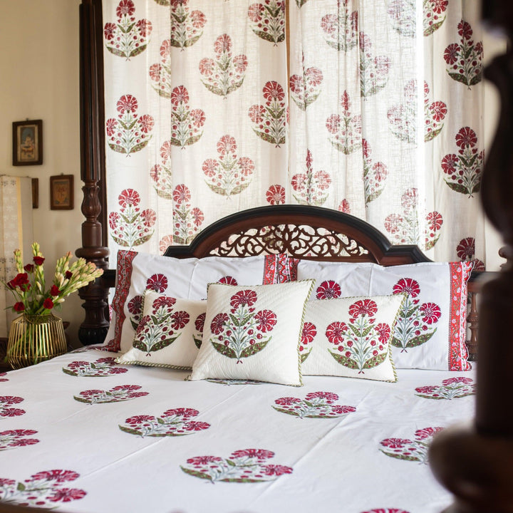 Aafreen Red Poppy Blockprint Handstitch Pique Double Bed Quilt Set-Quilt sets-House of Ekam