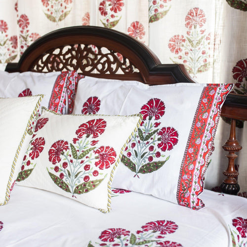 Aafreen Red Poppy Blockprint Handstitch Pique Double Bed Quilt Set-Quilt sets-House of Ekam