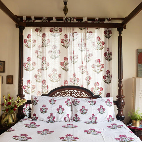 Aafreen Red Poppy Blockprint Handstitch Pique Double Bed Quilt Set-Quilt sets-House of Ekam