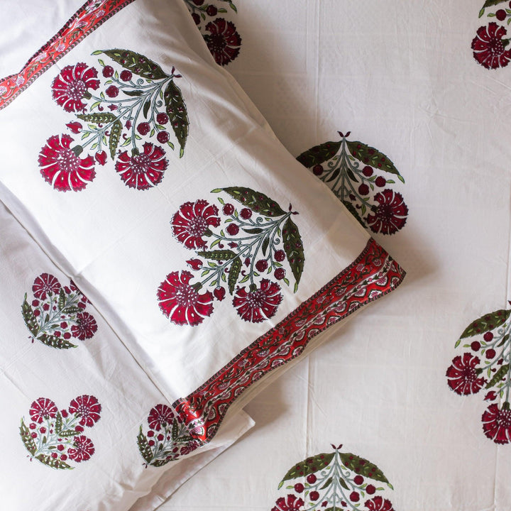 Aafreen Red Poppy Blockprint Handstitch Pique Double Bed Quilt Set-Quilt sets-House of Ekam