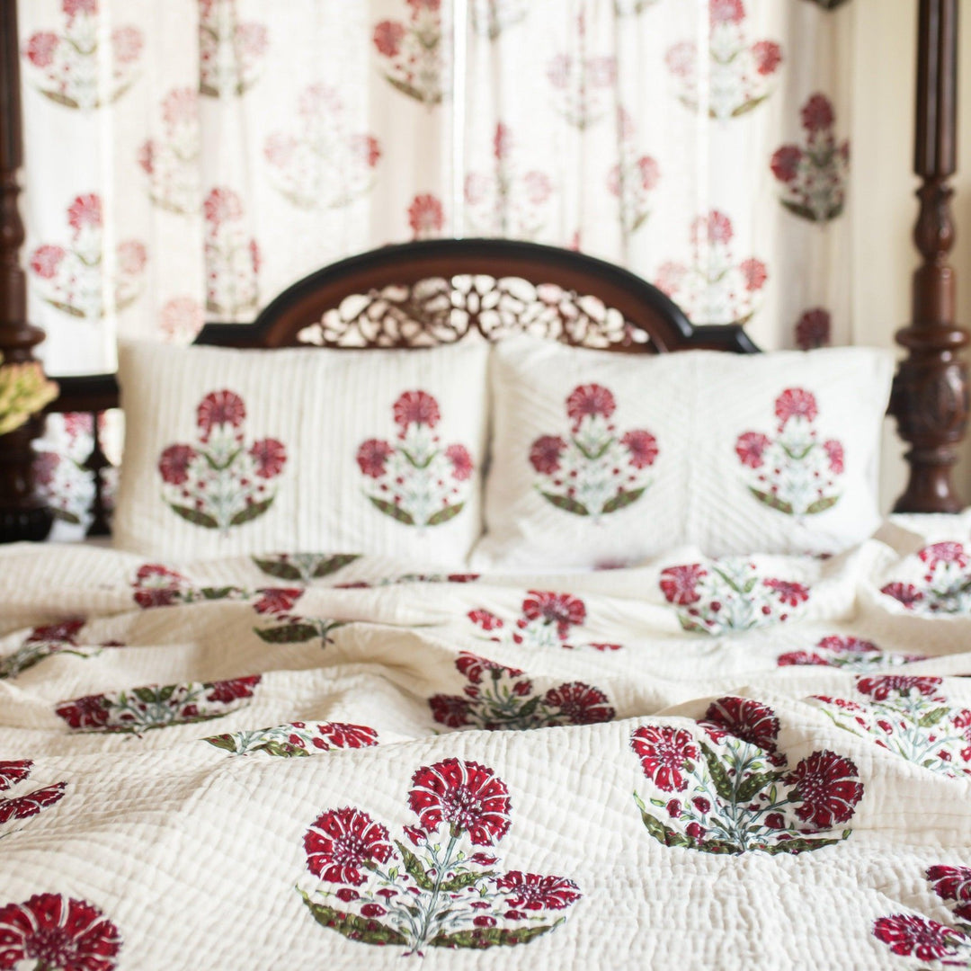 Aafreen Red Poppy Blockprint Handstitch Pique Double Bed Quilt Set-Quilt sets-House of Ekam