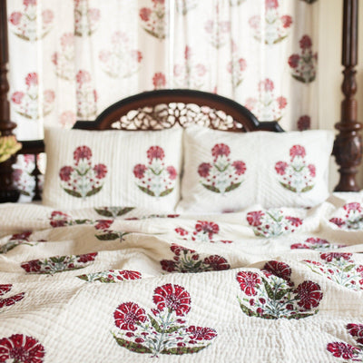 Aafreen Red Poppy Blockprint Handstitch Pique Double Bed Quilt Set-Quilt sets-House of Ekam