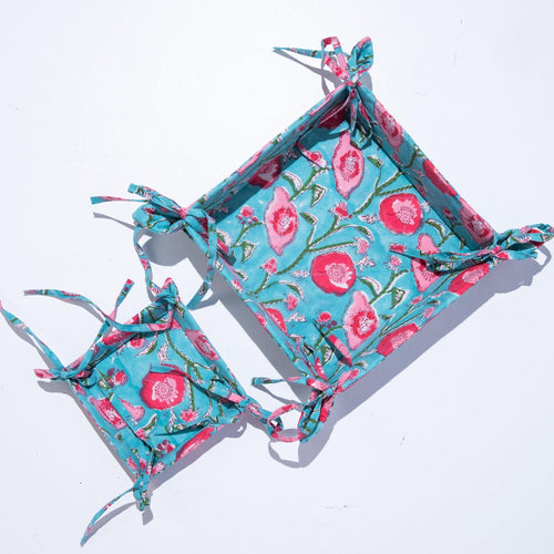 Aqua Floral Blockprinted Foldable Tray-Trays-House of Ekam