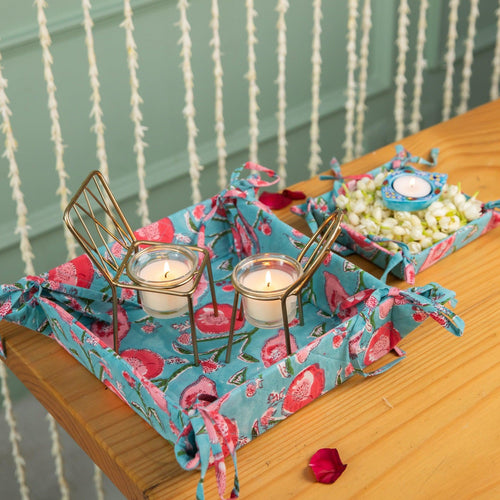 Aqua Floral Blockprinted Foldable Tray-Trays-House of Ekam