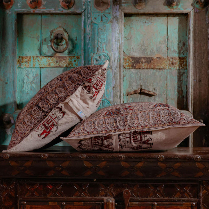 Aruna Ambi Jaal Kalamkari Blockprint Cushion Cover-Cushion Covers-House of Ekam