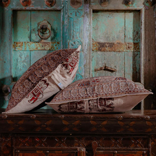 Aruna Ambi Jaal Kalamkari Blockprint Cushion Cover-Cushion Covers-House of Ekam