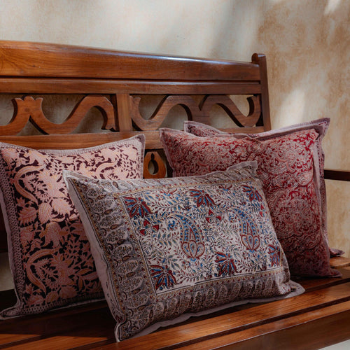 Aruna Ambi Jaal Kalamkari Blockprint Cushion Cover-Cushion Covers-House of Ekam