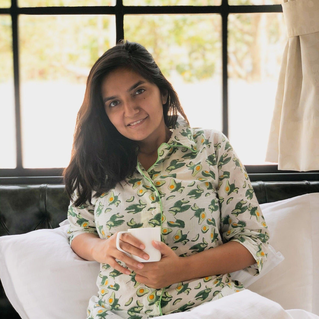 Avocado Blockprint Loungewear Pyjama Set-loungewear-House of Ekam