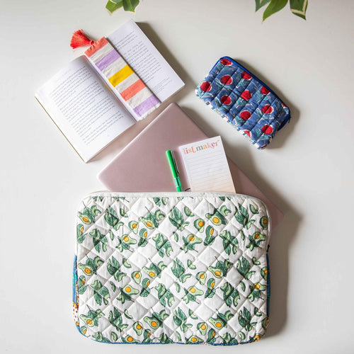 Avocado Blockprinted Laptop Sleeve-Laptop Sleeves-House of Ekam