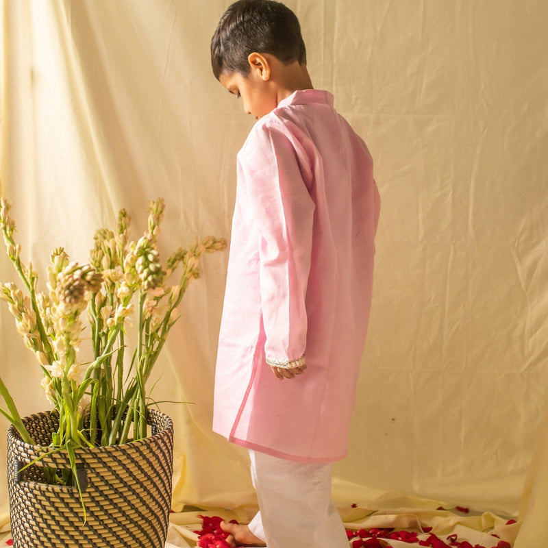 Baby Pink Gota Boys Kurta with Pyjama Set-Kidswear-House of Ekam