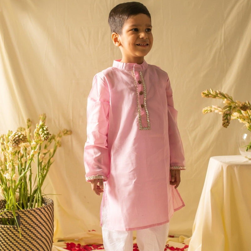 Baby Pink Gota Boys Kurta with Pyjama Set-Kidswear-House of Ekam