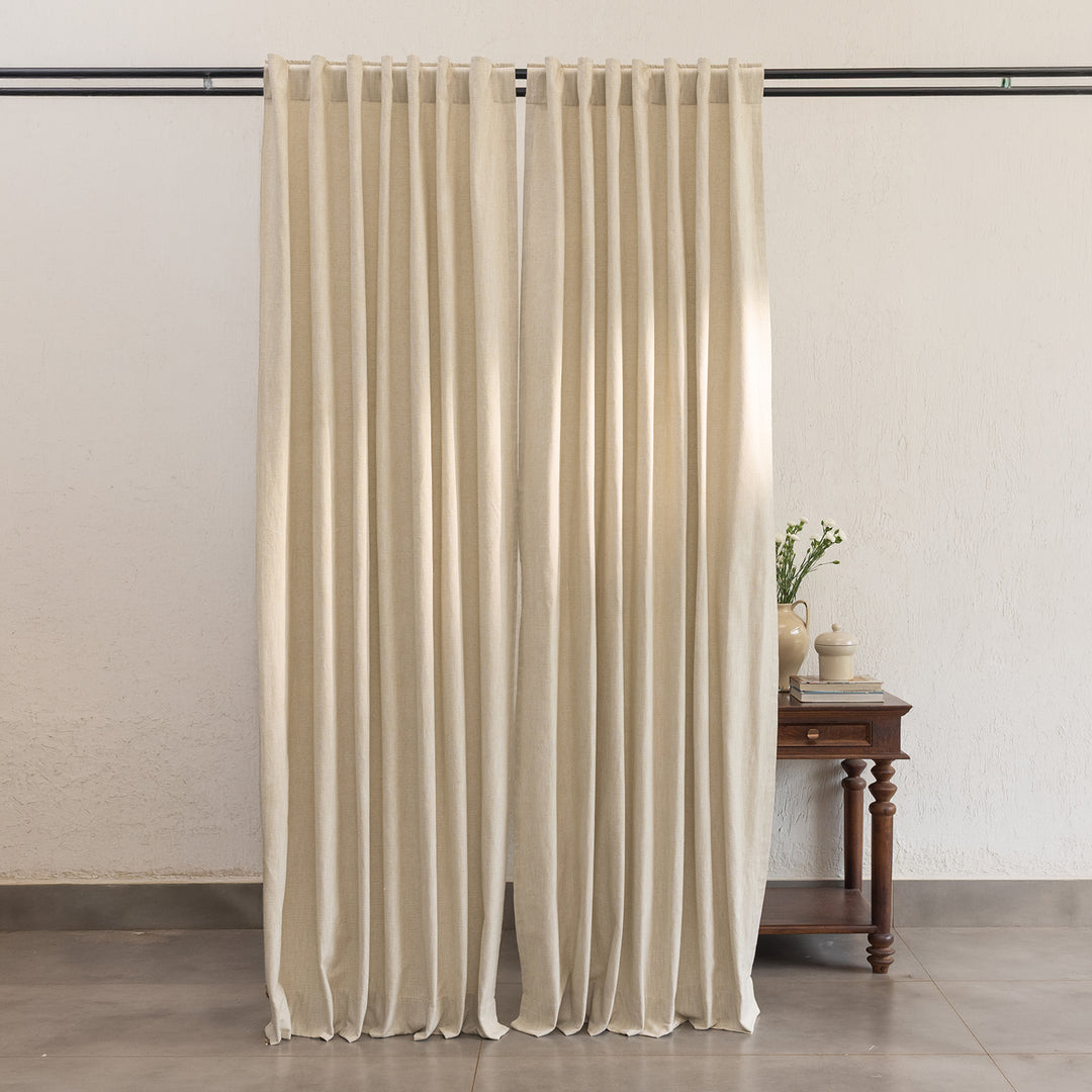 Beige Cotton Slub Chambray 80% Blackout Curtain-Curtains-House of Ekam