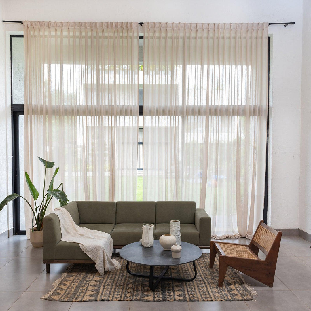 Beige Poly Linen Sheer Curtain-Curtains-House of Ekam