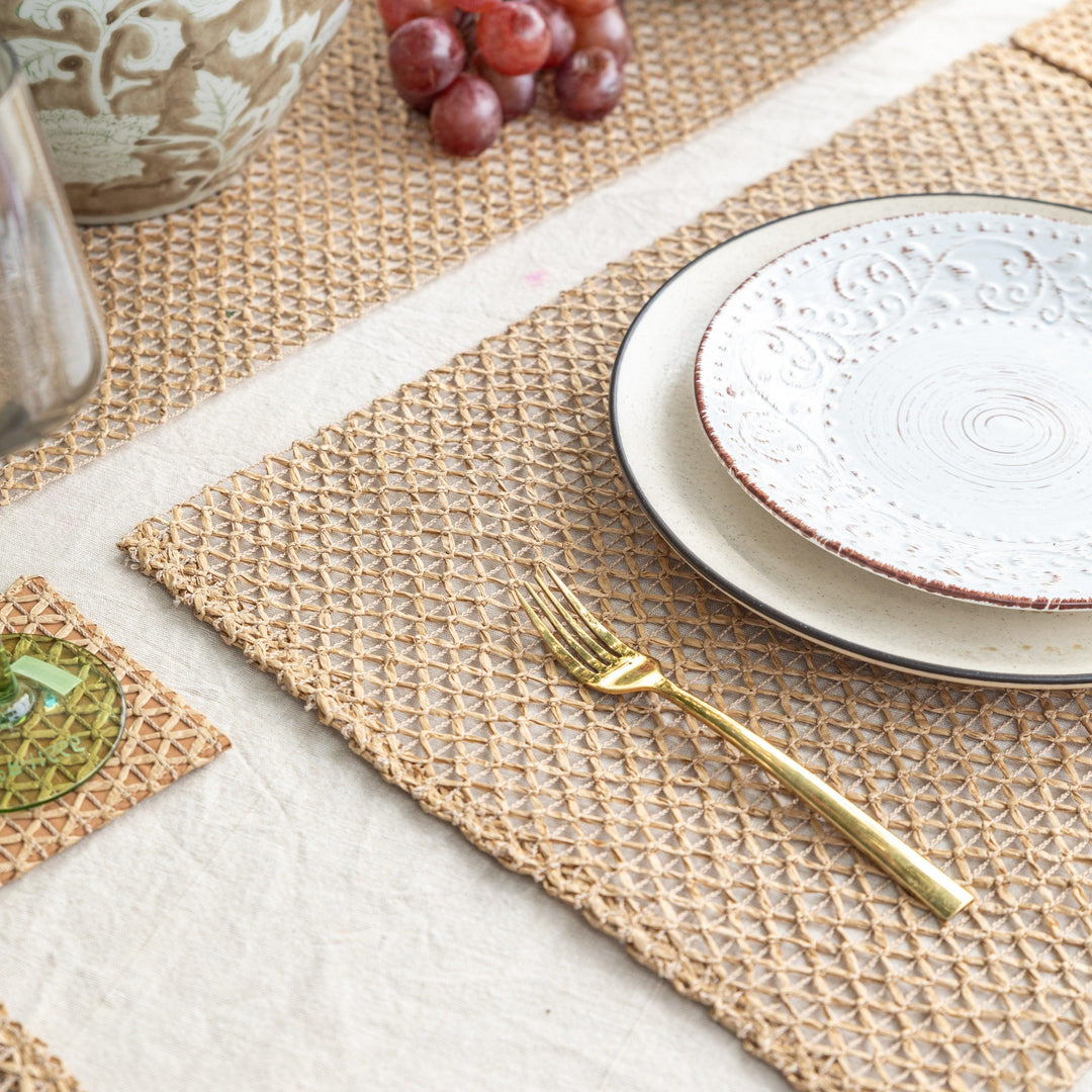 Beige Raffia Natural Table Linen Set-Table Runners-House of Ekam