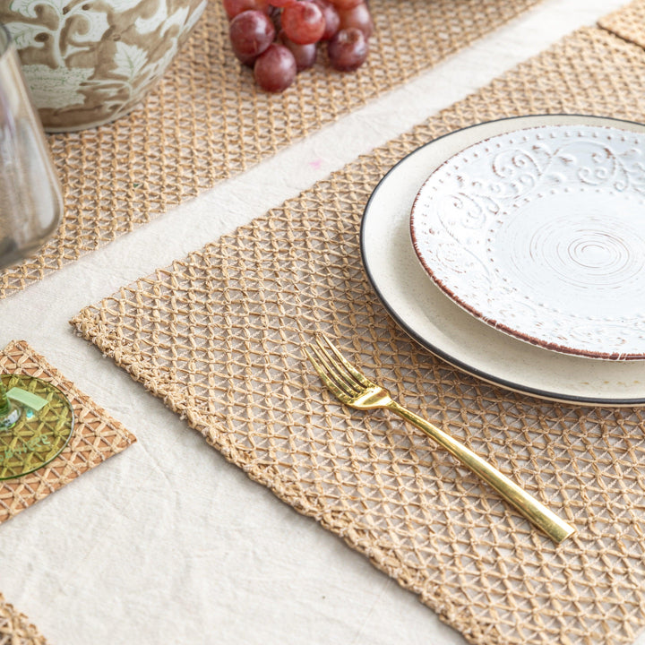 Beige Raffia Natural Table Linen Set-Table Runners-House of Ekam