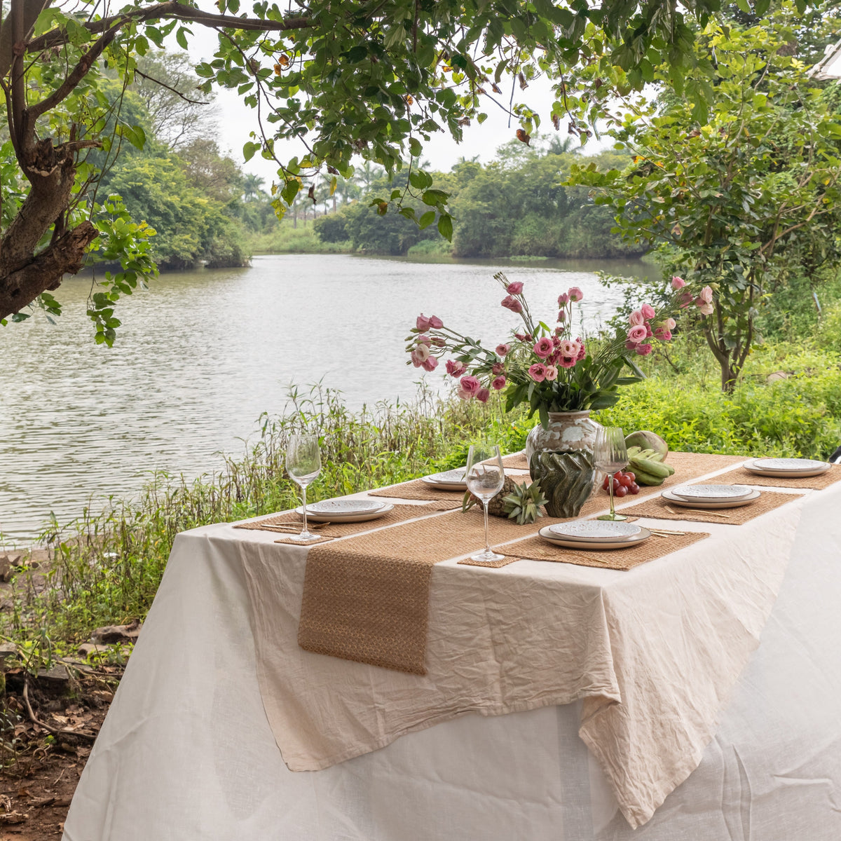 Beige Raffia Natural Table Linen Set-Table Runners-House of Ekam