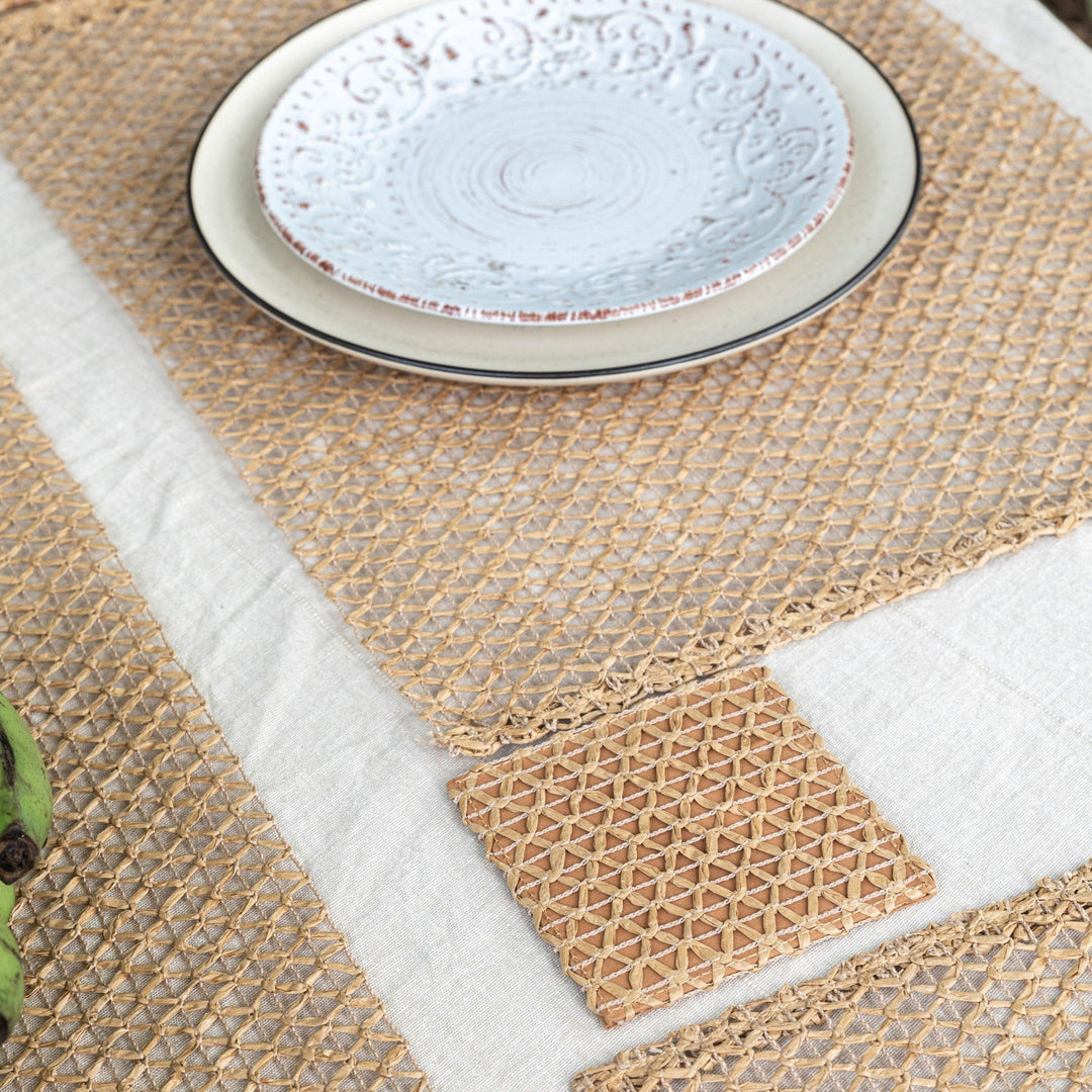 Beige Raffia Natural Table Linen Set-Table Runners-House of Ekam