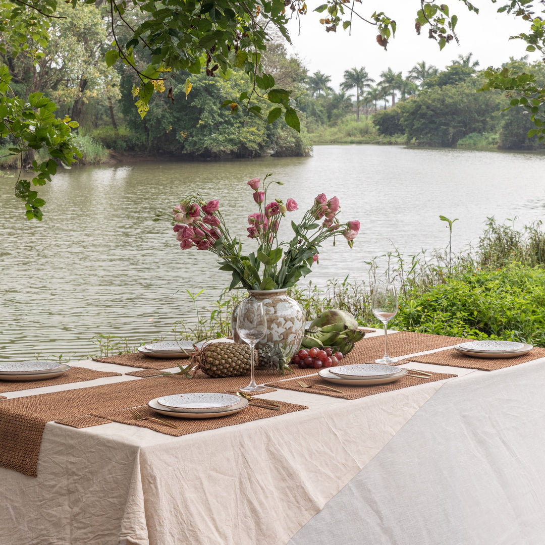 Beige and Black Raffia Natural Table Linen Set-Table Runners-House of Ekam