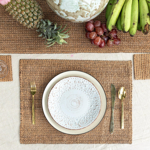 Beige and Black Raffia Natural Table Linen Set-Table Runners-House of Ekam