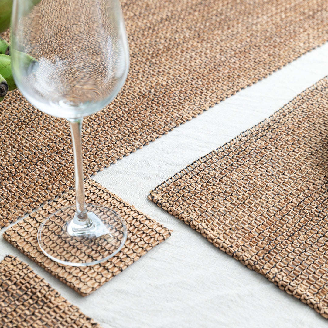 Beige and Black Raffia Natural Table Linen Set-Table Runners-House of Ekam
