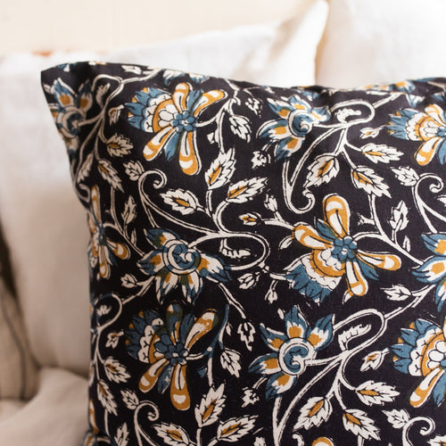 Black Dabu Floral Blockprint Print Cushion Cover-Cushion Covers-House of Ekam