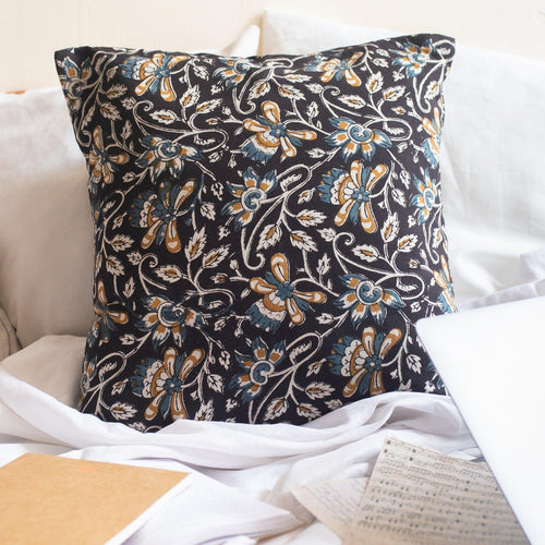 Black Dabu Floral Blockprint Print Cushion Cover-Cushion Covers-House of Ekam