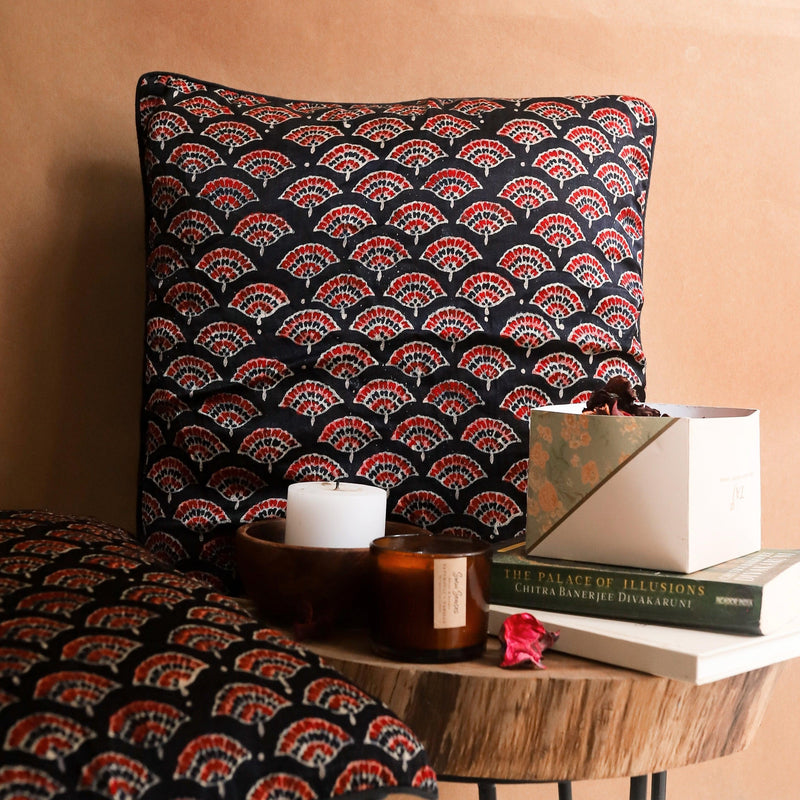 Black Floral Blockprint Mashru Silk Cushion Cover-Cushion Covers-House of Ekam