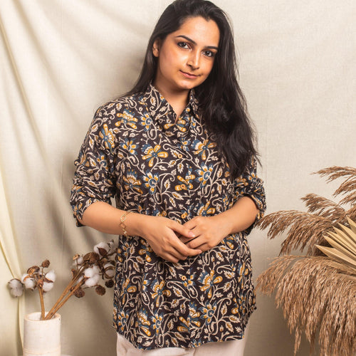 Black Floral Printed Women Short Shirt-Shirts-House of Ekam