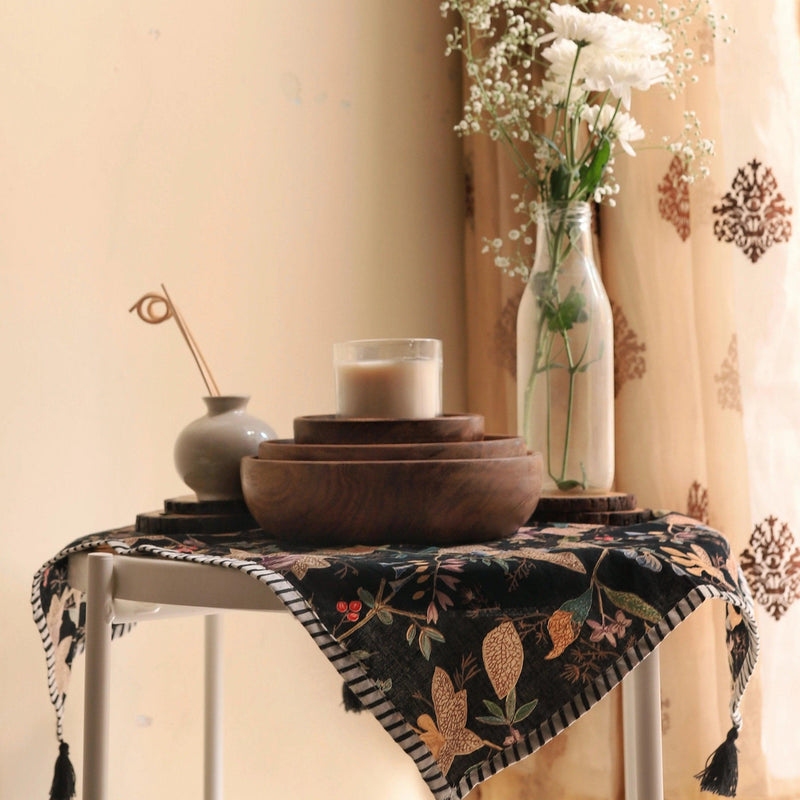 Black Floral Screenprint Cotton Tea Towel cum Dinner Napkin-Napkins-House of Ekam