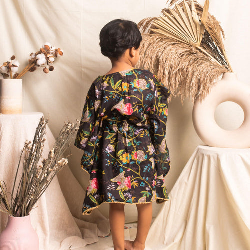 Black Floral Screenprint Girl Kaftan-Kidswear-House of Ekam