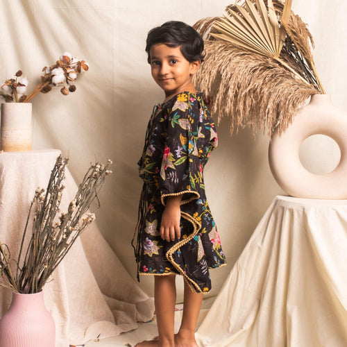 Black Floral Screenprint Girl Kaftan-Kidswear-House of Ekam