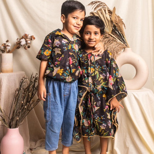 Black Floral Screenprint Girl Kaftan-Kidswear-House of Ekam