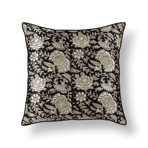 Black Jaal Print Blockprint Mashru Silk Cushion Cover-Cushion Covers-House of Ekam