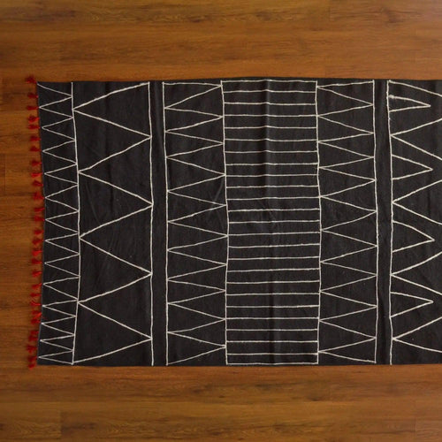 Black Moroccon Embroidered Cotton Rug-Rug-House of Ekam