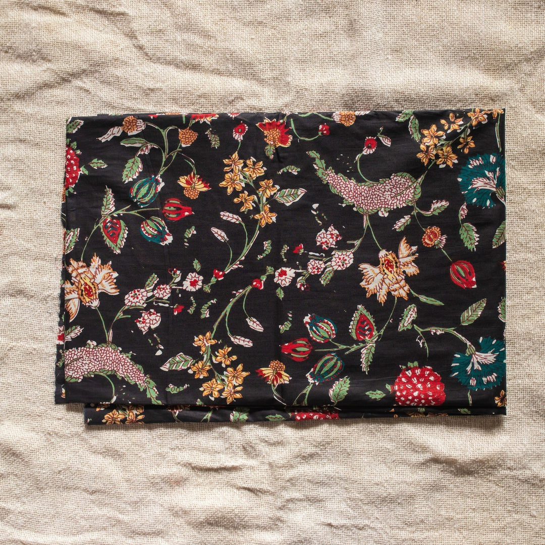 Black Multifloral Jaal Hand Screen Print Cotton Fabric-fabric-House of Ekam