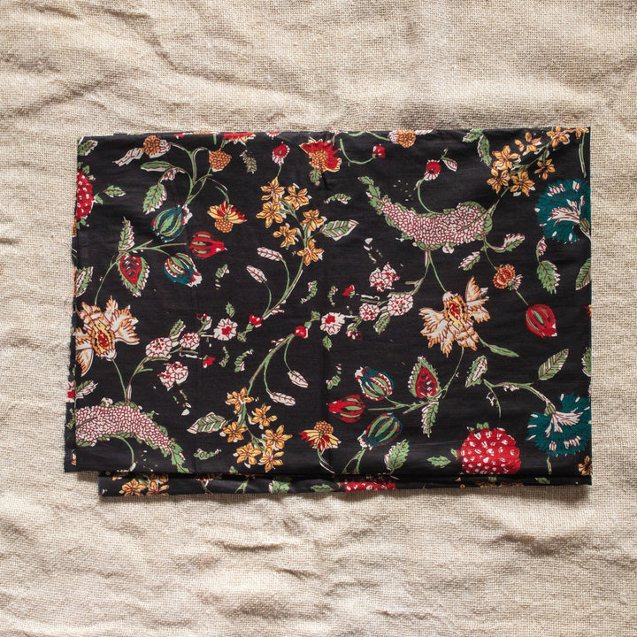 Black Multifloral Jaal Hand Screen Print Cotton Fabric-fabric-House of Ekam