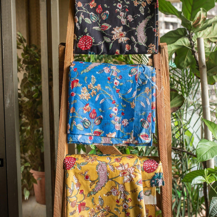Black Multifloral Jaal Hand Screen Print Cotton Fabric-fabric-House of Ekam