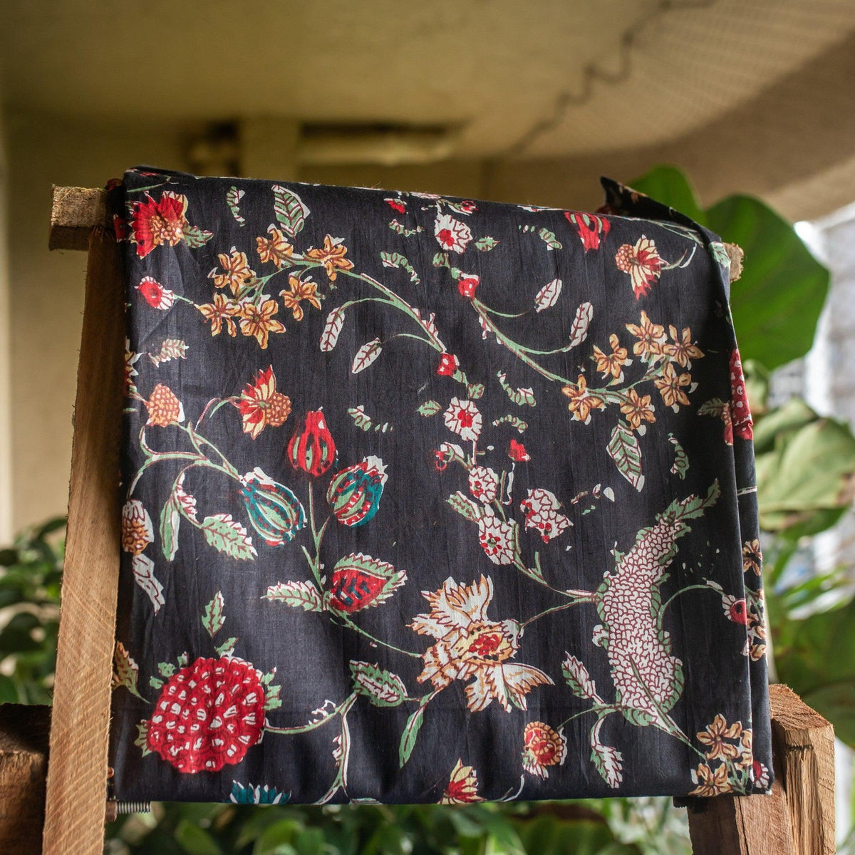 Black Multifloral Jaal Hand Screen Print Cotton Fabric-fabric-House of Ekam